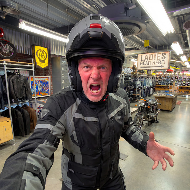 Upset customer wearing Schuberth C5 helmet